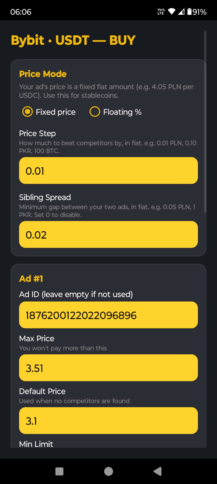 Bybit configuración de anuncio USDT Buy — Modo de Precio, Paso, Sibling Spread