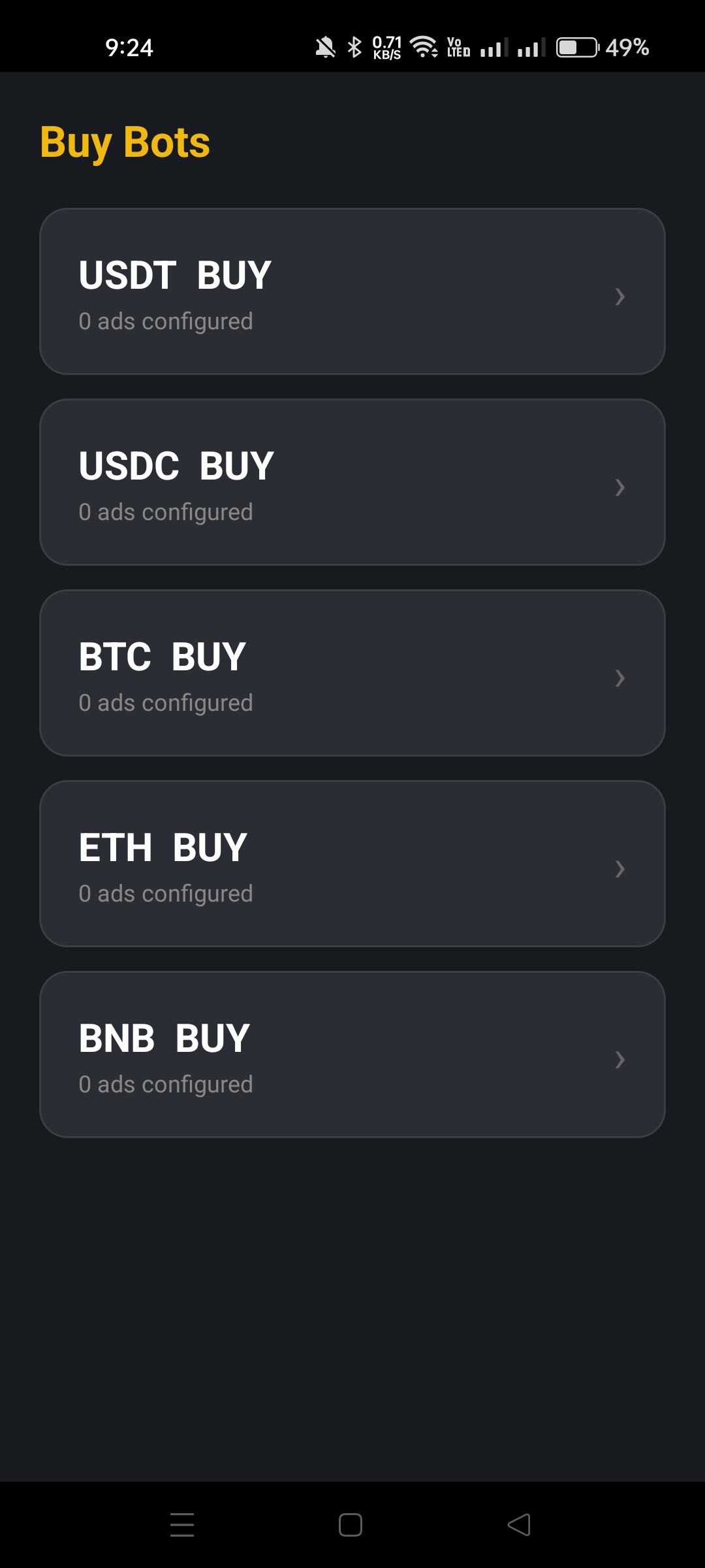 Bots de Compra — USDT, USDC, BTC, ETH, BNB